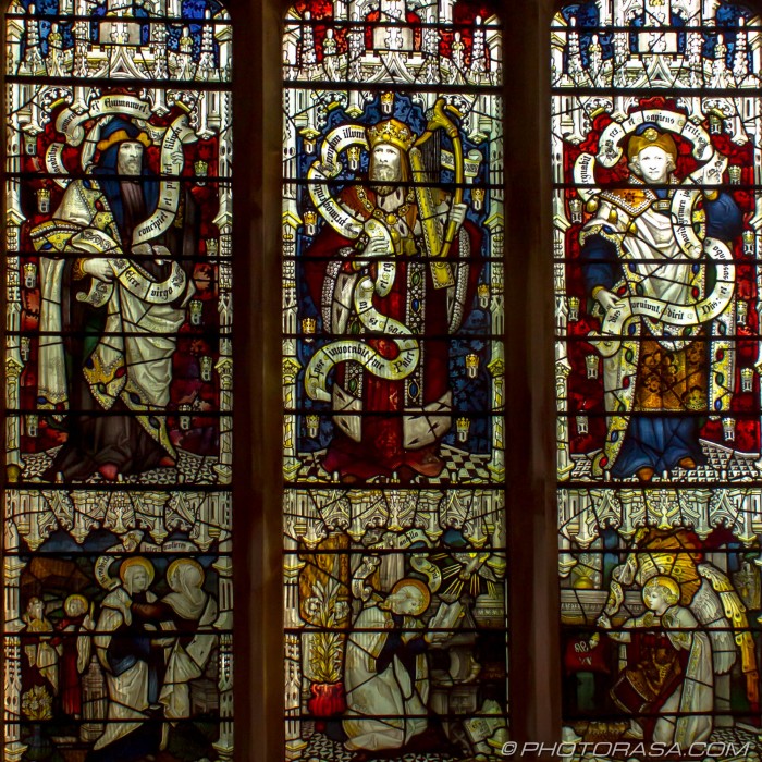 stained glass of three kings in heaven and holy scribes