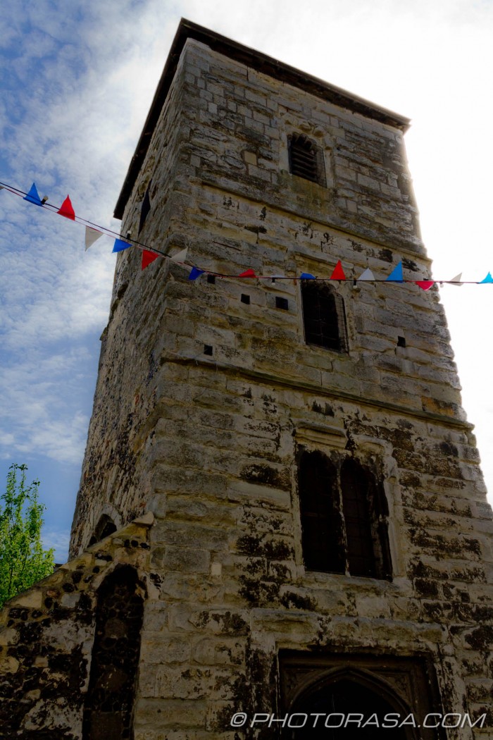 stone tower and bunting