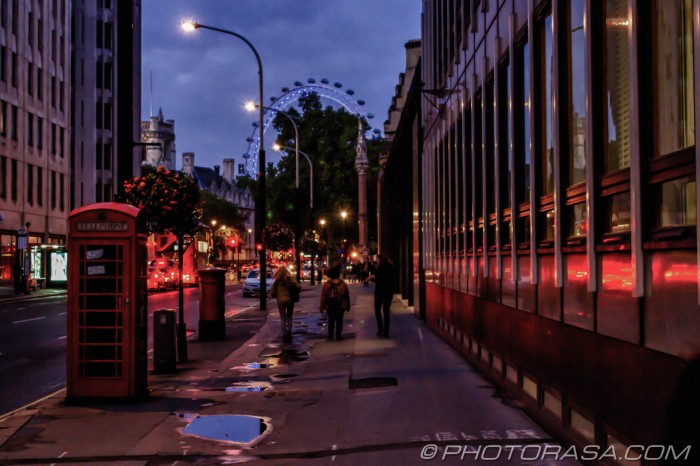 red telephone box with london eye in background