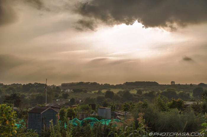 hazy sun and clouds over an allotment