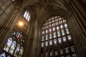 stained glass windows and vaulted ceiling in north east corner of nave